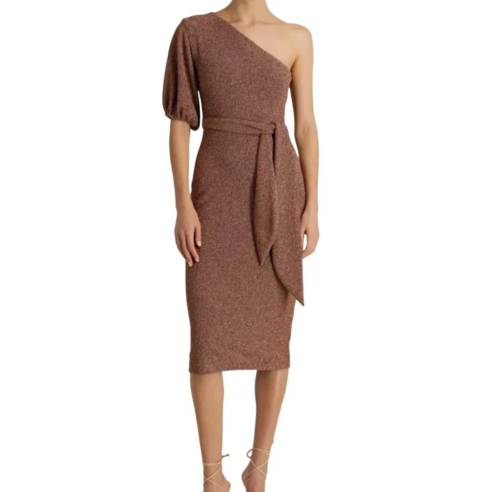 Monique Lhuillier Rose Gold Metallic One Shoulder Midi Dress Size 4 NWT